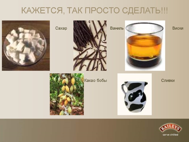 Сахар Ваниль Виски Какао бобы Сливки КАЖЕТСЯ, ТАК ПРОСТО СДЕЛАТЬ!!!